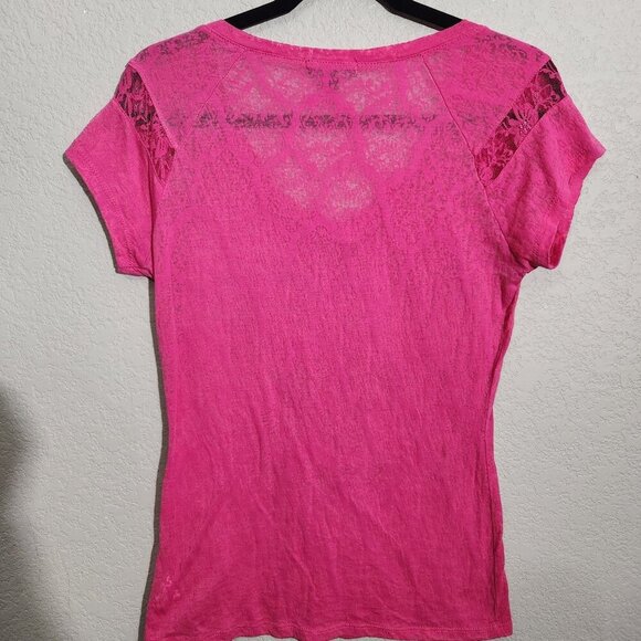 Southpole Shirt Womens XL Pink Lace Sheer Graphic Rhinestone Short Sleeve Top - Picture 7 of 16